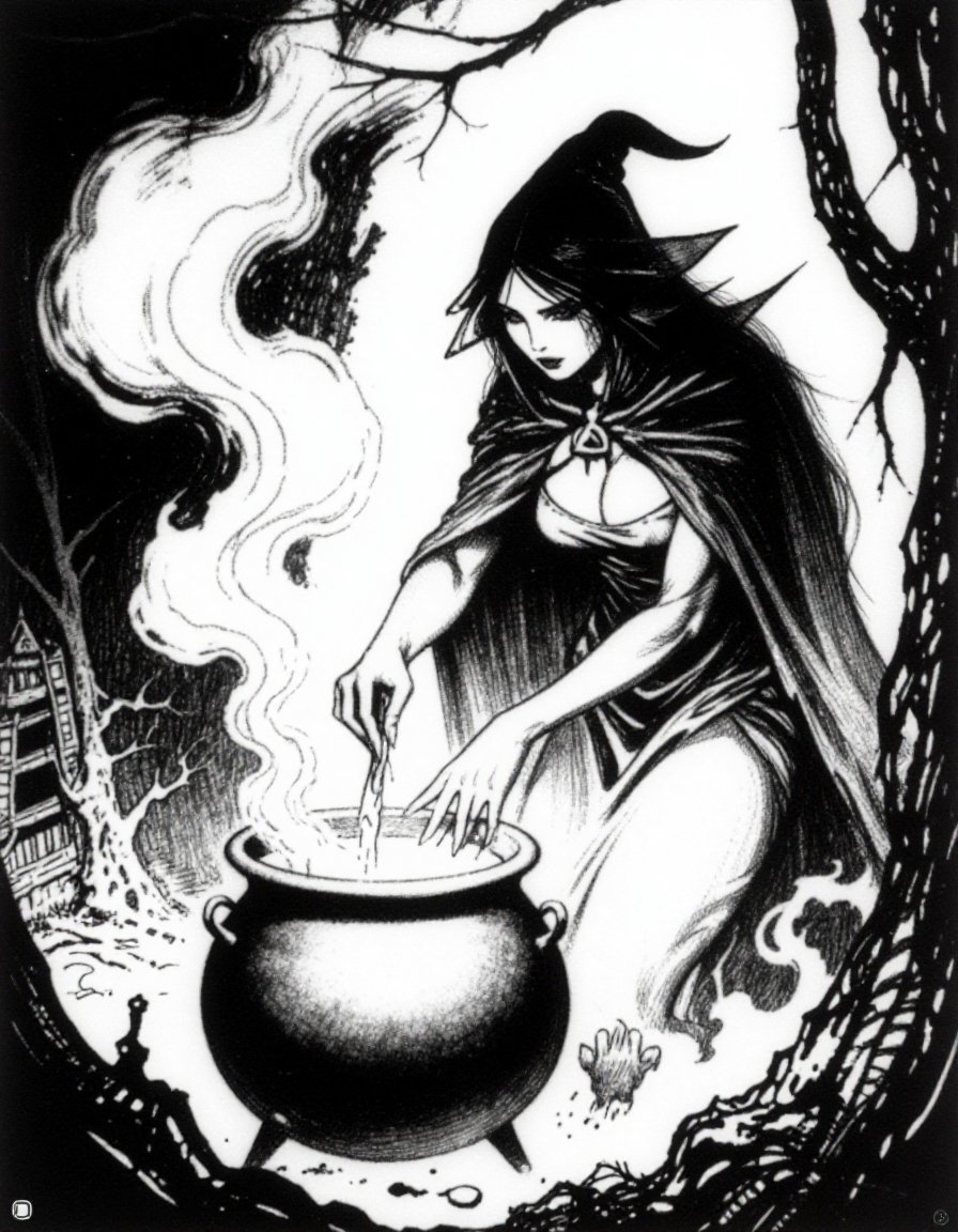 z_frazetta_ink,  witch brewing a potion in a cauldron,  dark hut by inknoir on Tensor.Art