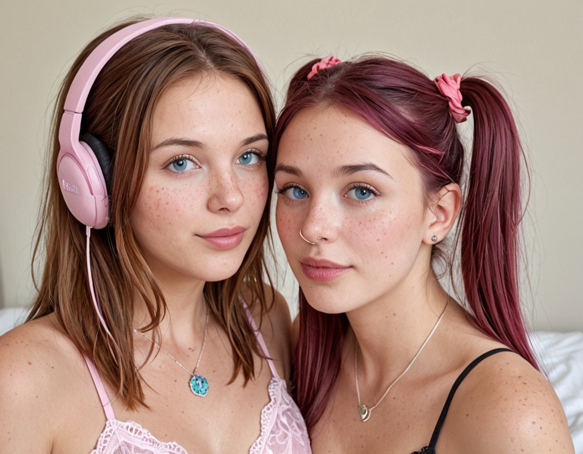 (Raw Photo),  ,  A captivating and intimate close-up portrait of two young women. The woman on the left has long by Wolf o...
