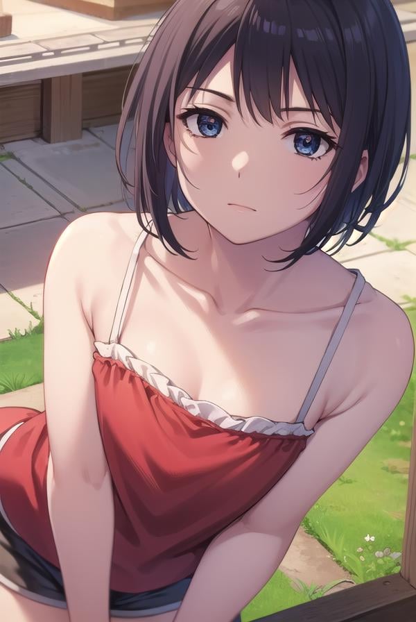 keikosanjou, <lora:keiko sanjou s1-lora-nochekaiser:1>,keiko sanjou, short hair, black hair, (black eyes:1.5),BREAK shorts, black shorts, camisole, bare shoulders, collarbone, (red camisole:1.5),BREAK outdoors, shrine,BREAK looking at viewer, (cowboy shot:1.5),BREAK <lyco:GoodHands-beta2:1>, (masterpiece:1.2), best quality, high resolution, unity 8k wallpaper, (illustration:0.8), (beautiful detailed eyes:1.6), extremely detailed face, perfect lighting, extremely detailed CG, (perfect hands, perfect anatomy),