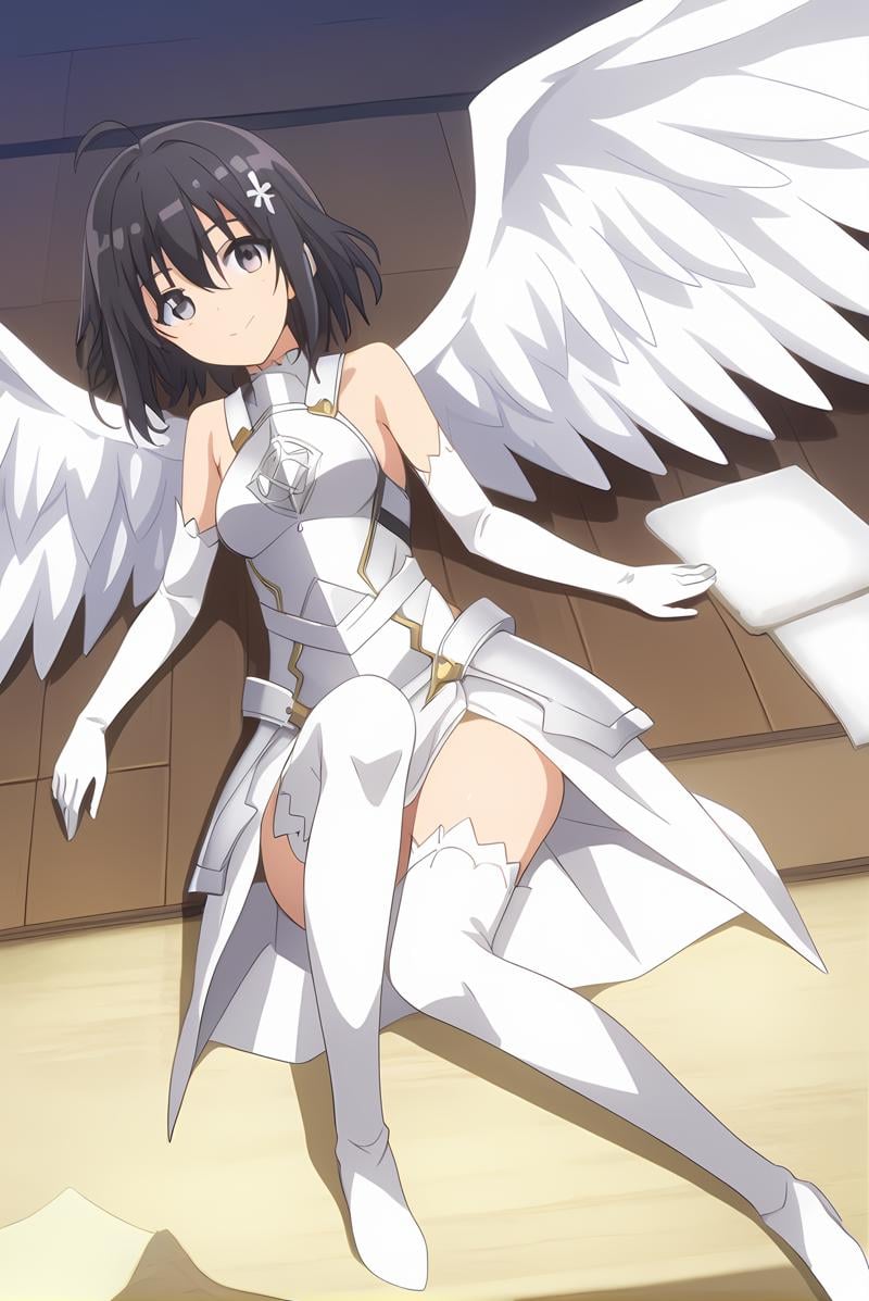 (white armor white gloves white sleeves white thighhighs white wings),  bof-maple,  black hair by Ttan on Tensor.Art
