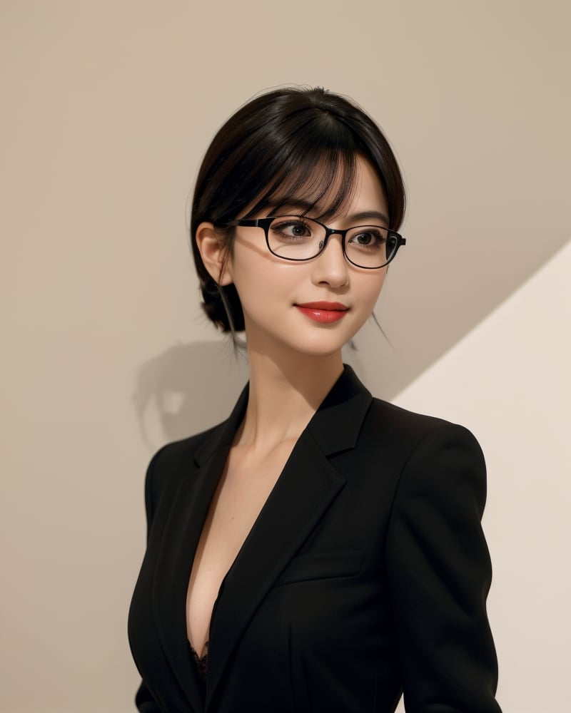 (upper body:1.2),glamor,(mature female:1.3),Black-rimmed glasses,low key,cleavage,(Skin granule:1.3),oval face,1girl,solo,(Face shadow:1.3),(black suit:1.5),Facial texture,shading of the nose,big eyes,white background,black hair,perfect face,Oval face,Seductive smile,upper body,best quality,masterpiece,realistic,ultra-fine painting,sharp focus,extreme detail description,realistic,masterpiece,1girl,(image noise:1.3),asymmetric bangs,medium hair,shoulder,