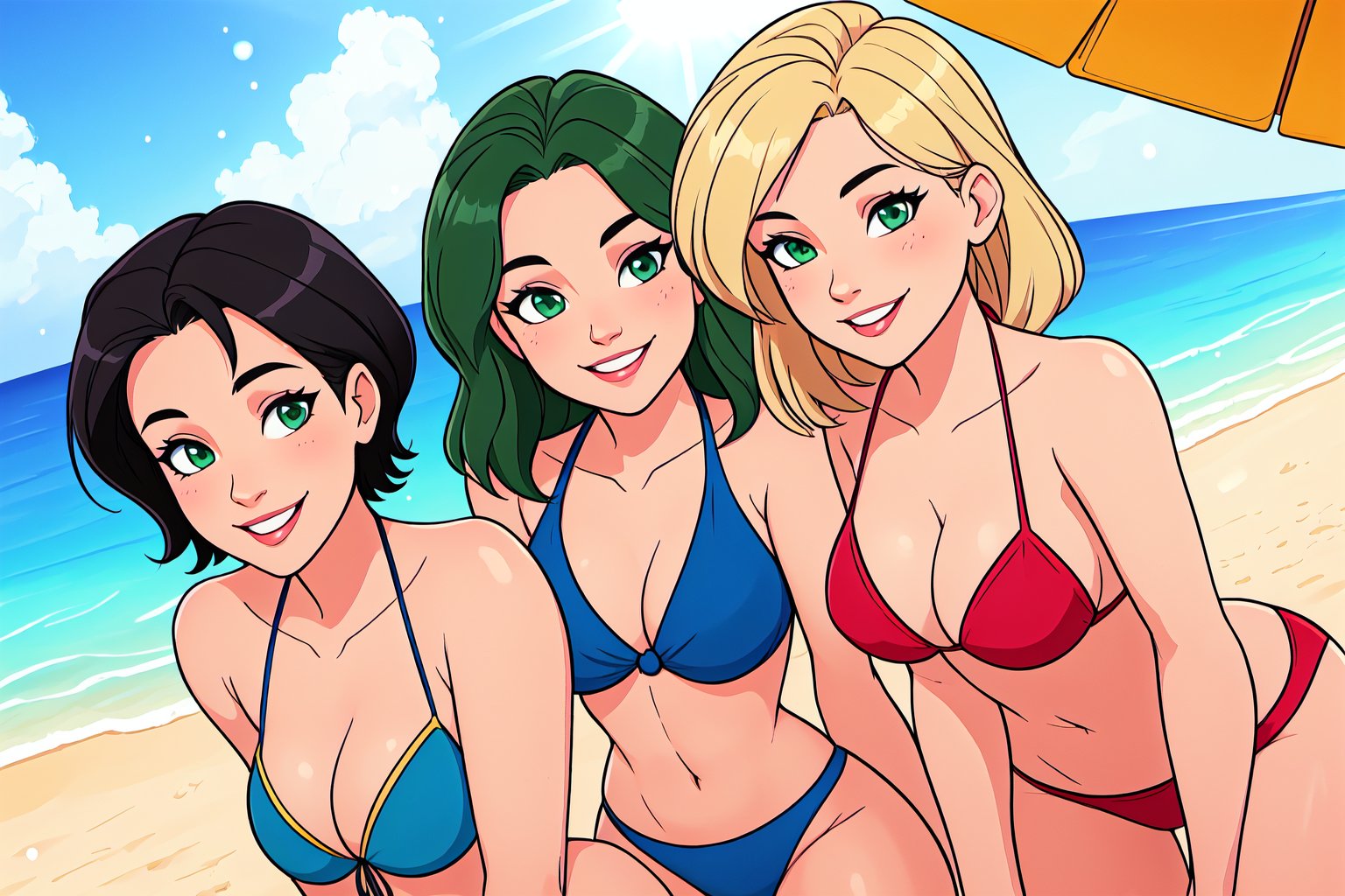 3girls,  black hair,  blonde hair by TheCheckeredSausage on Tensor.Art