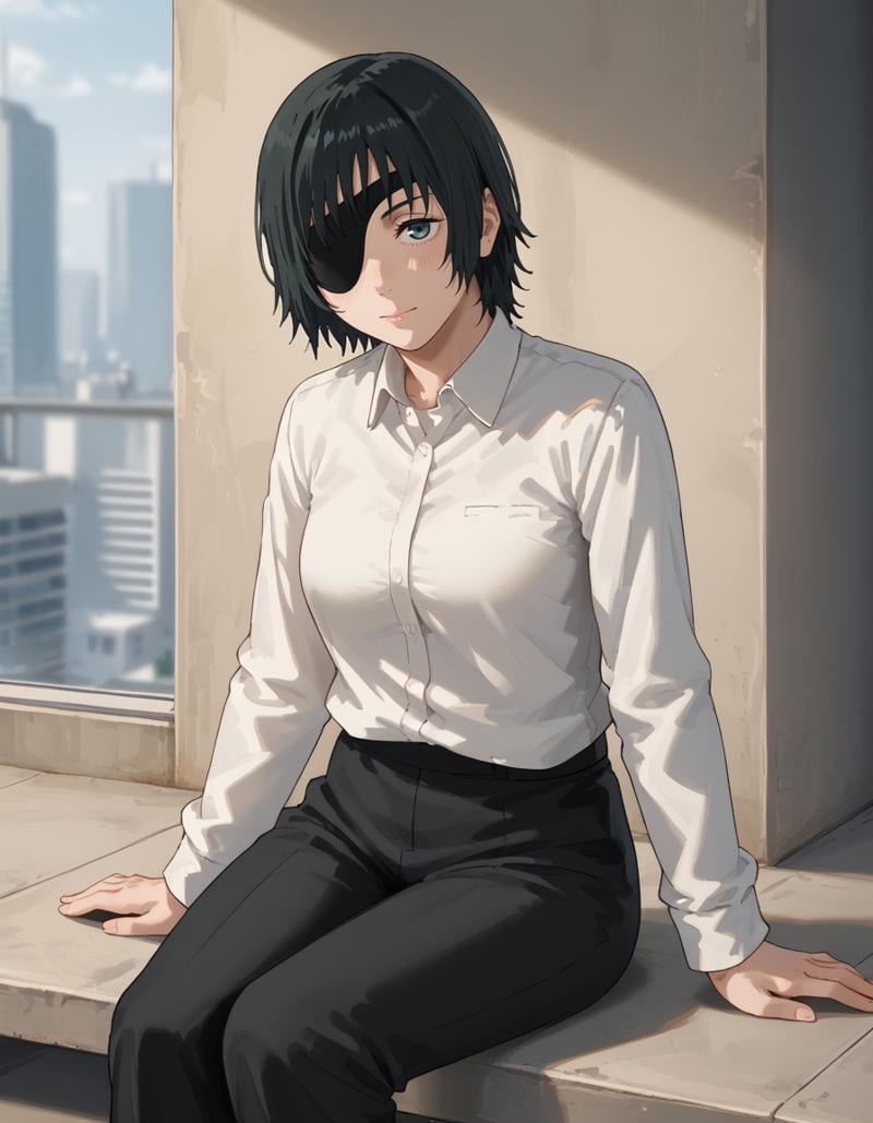 <lora:Himeno_4_Outfits:1>, himeno, 1girl, black hair, eyepatch, short hair, white shirt, sitting