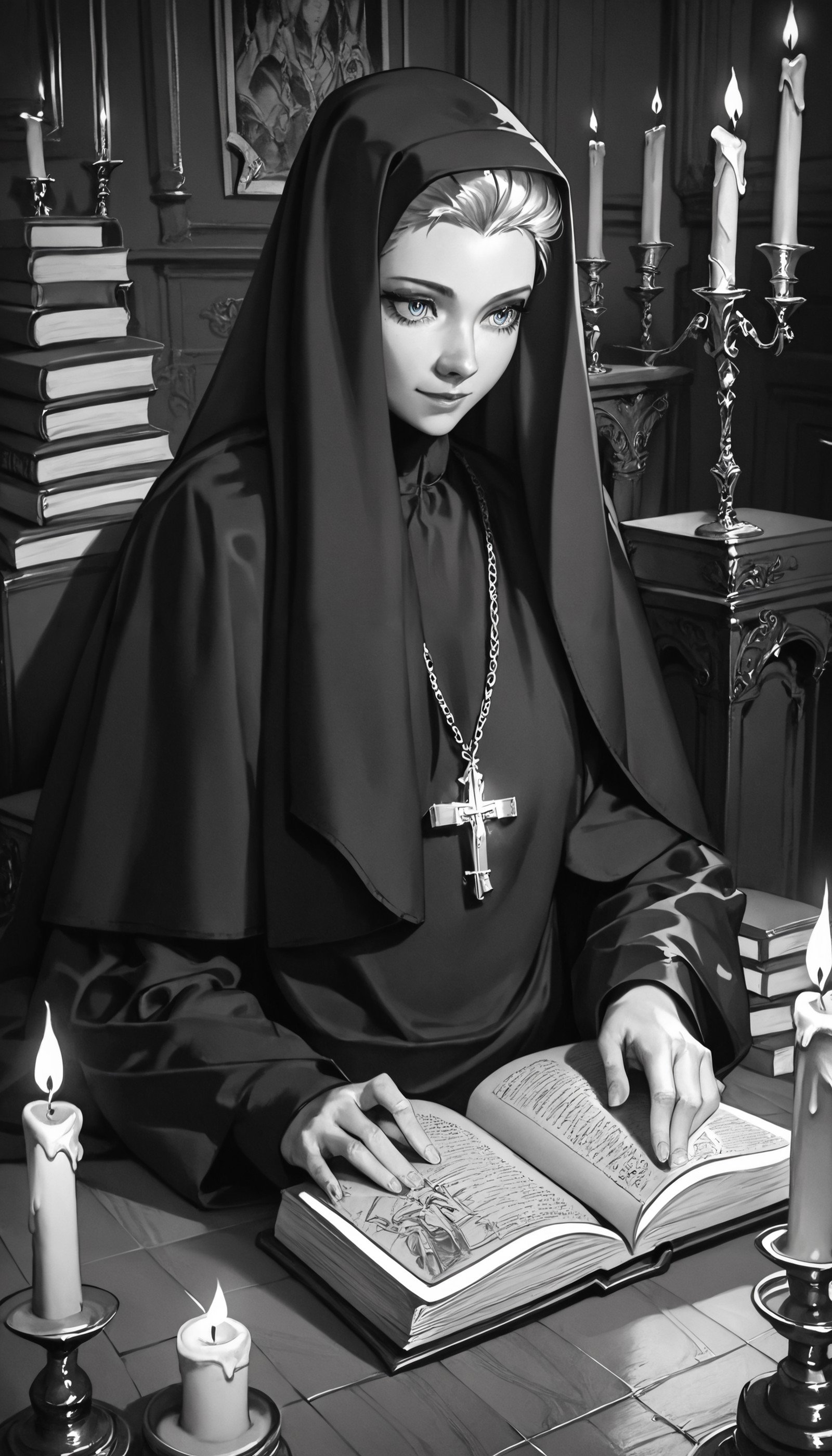 score_9, score_8_up, score_7_up, xenotr1p, monochrome, 1girl, Elsa orthodox_nun, black cassock, orthodox cross, reading the book, book in hand, floor candle holder with candles, blue fire,  <lora:ZEL\Orthodox_nun.safetensors:0.6:1> <lora:ENCHANCE\XL_lora_offset_02.safetensors:0.3:1> <lora:pony_style\Xenotrip_v.2.safetensors:1:1> <lora:ENCHANCE\add-detail-xl.safetensors:0.6:1>