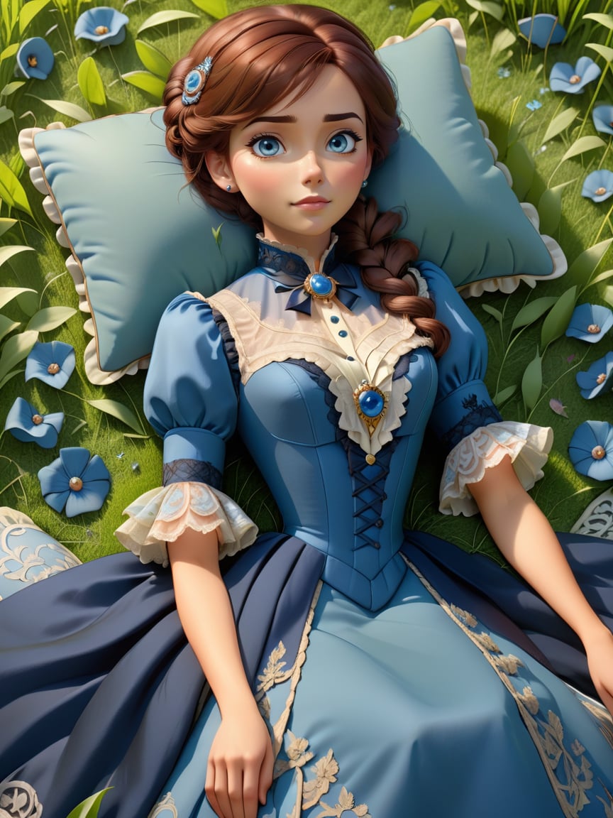 breathtaking woman wearing a blue (victorian dress), <lora:victorian_dress-XL-2.0:1>lying on grass, pixar, pillow . award-winning, professional, highly detailed