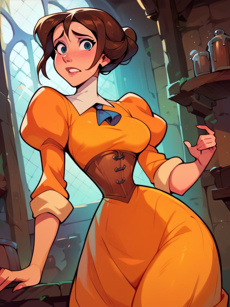 score_9, score_8_up, score_7_up, score_6_up, cute girl in a tavern, puffy sleeves, yellow dress, corset, curvy, medium breasts, narrow waist, wide hips, thick thighs, looking at viewer, dynamic angle, cowboy shot, cartoon, dynamic pose, from side, nervous,  <lora:JanePorterXLP_Character:1>JanePorterXLP