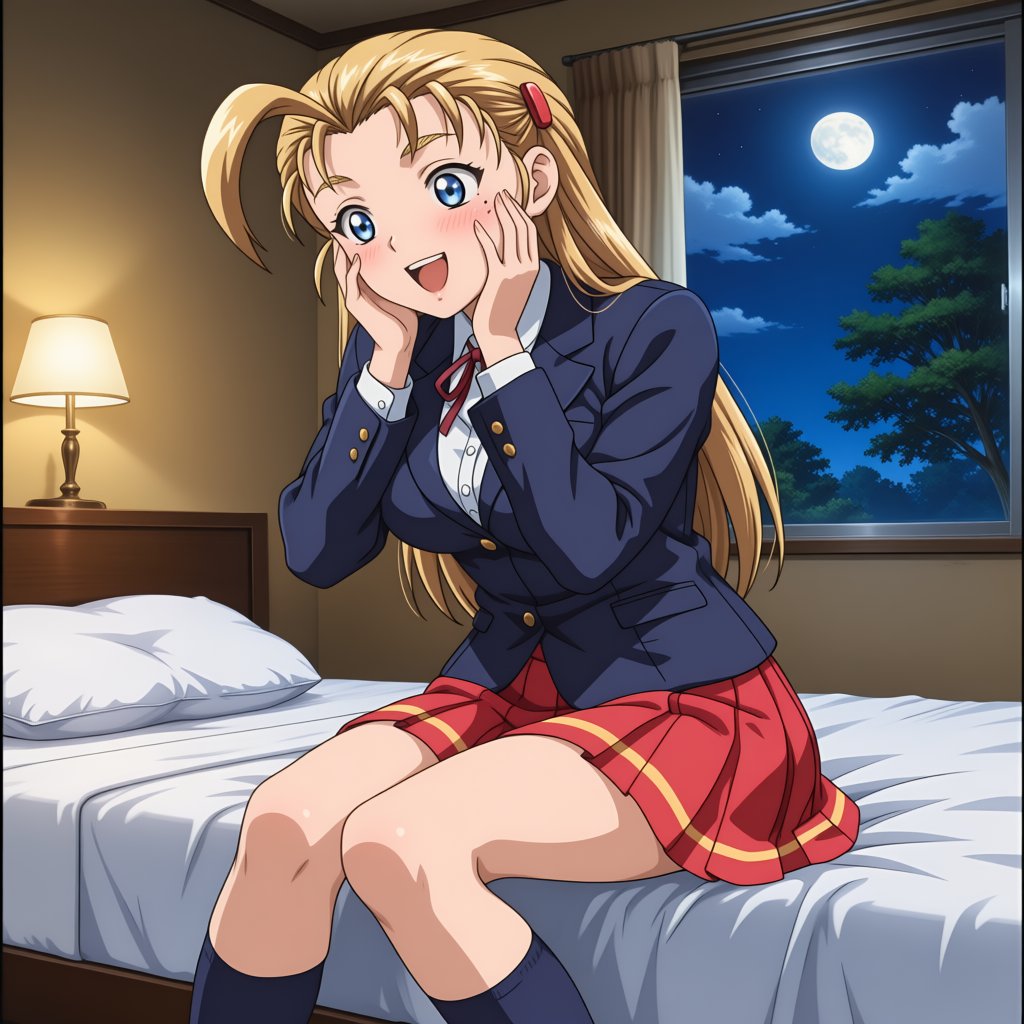A solo 1girl with long slicked‑back blonde hair and an ahoge. She has bright blue eyes and a small mole under her eye. .....