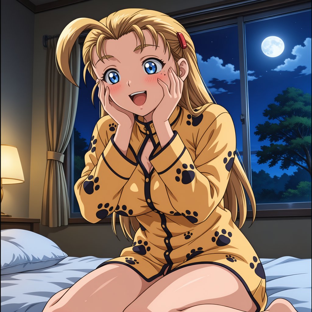A solo 1girl with long slicked‑back blonde hair and an ahoge. She has bright blue eyes and a small mole under her eye. .....