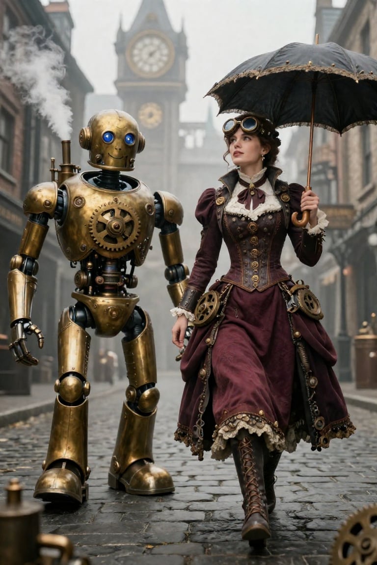 Create a steampunk scene where a stylish woman in a Victorian-inspired outfit adorned with brass gears and steam pipes wal...