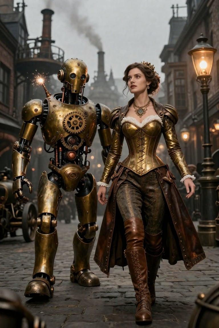 Create a steampunk scene where a stylish and elegant woman in a brass and leather corseted outfit navigates through a bust...