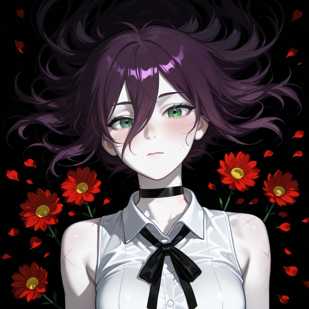Manga style illustration of Reze from Chainsaw Man. Purple medium-length hair with long bangs falling between her eyes hid...