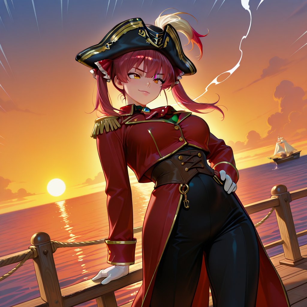 masterpiece,  character: houshou_marine. In a dramatic 90s anime-style illustration,  Houshou Marine stands confidently on...