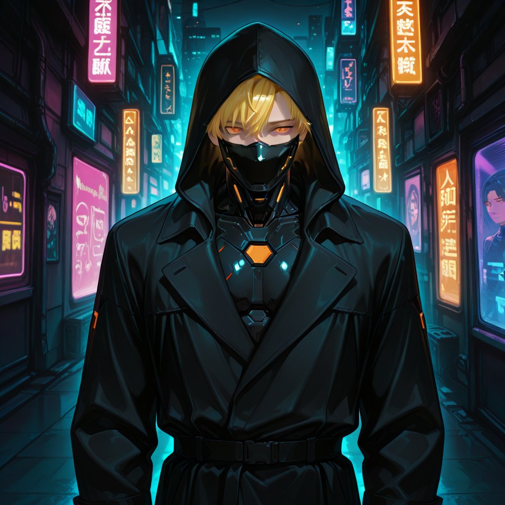 A handsome 16-year-old boy with yellow hair and intricate orange eyes,  wearing a black mask and a black hooded trench coa...