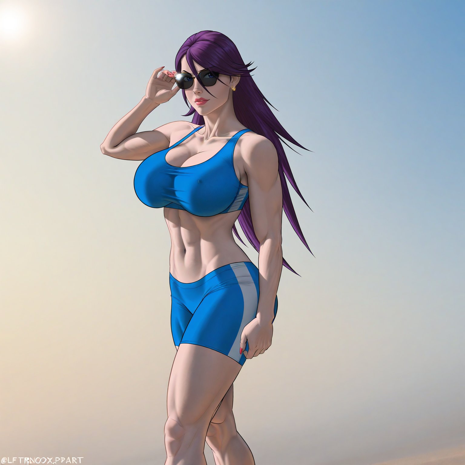 Confident woman with flowing long purple hair,  large breasts,  black sunglasses by Webhead on Tensor.Art