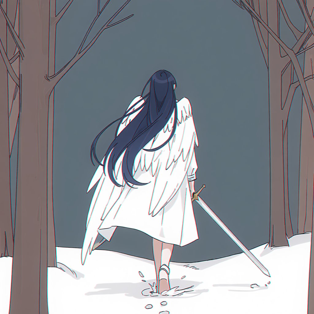 A melancholic digital illustration shows a pale figure walking through a snowy forest at twilight. Their long dark-blue ha...