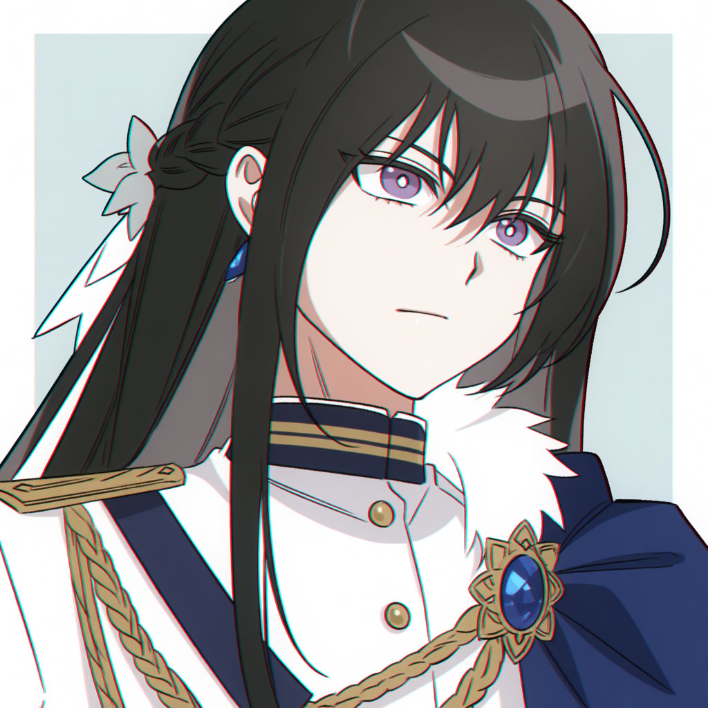 A high-contrast anime portrait features a mysterious royal figure with pale violet eyes and long black hair braided with s...