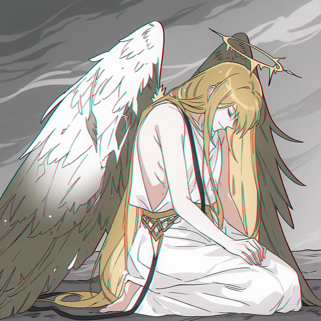 A melancholic digital illustration depicts a celestial being in a state of sorrowful grace. The figure is kneeling,  with...
