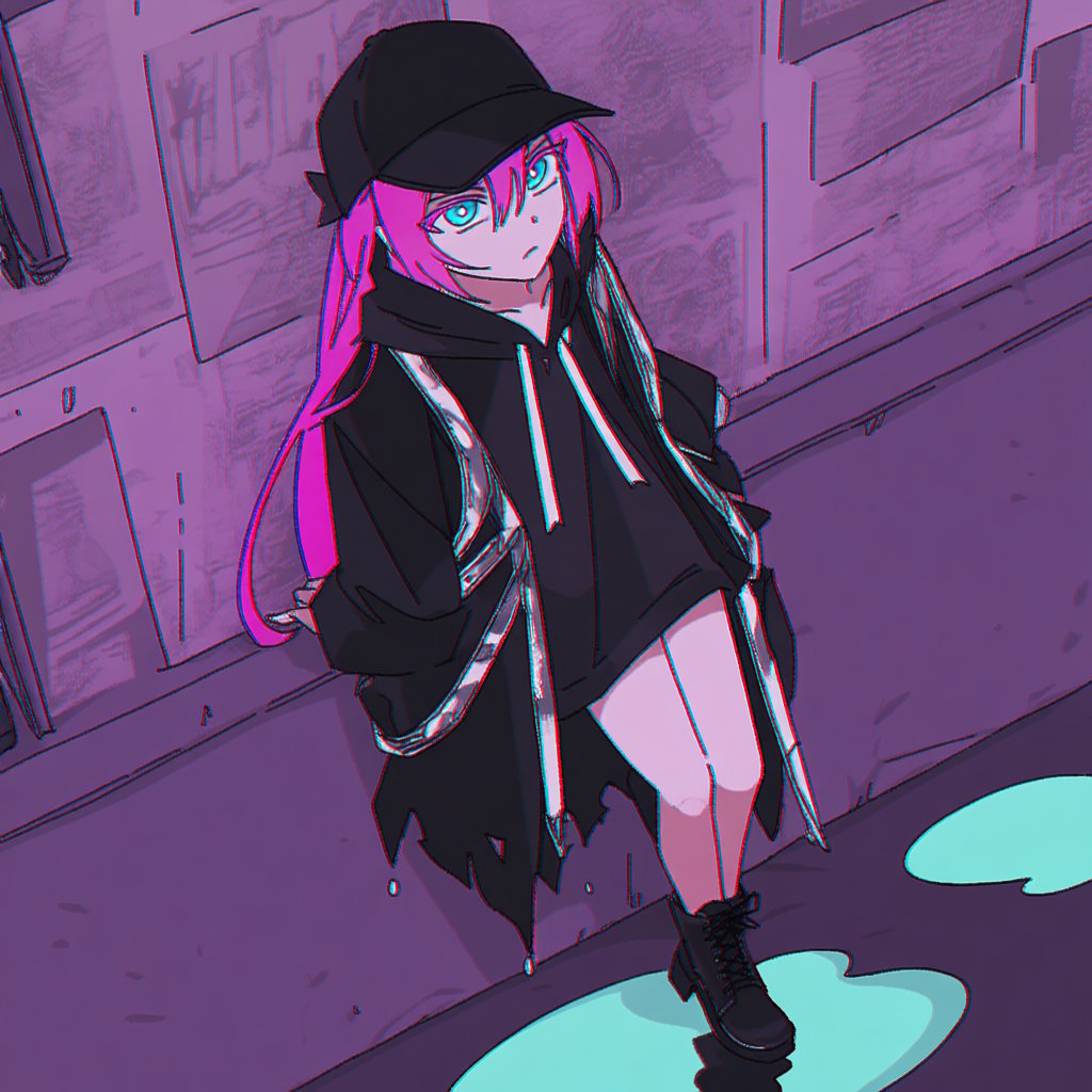 A gritty urban illustration features a rebellious character with neon-pink hair leaning against a rain-slick wall covered...