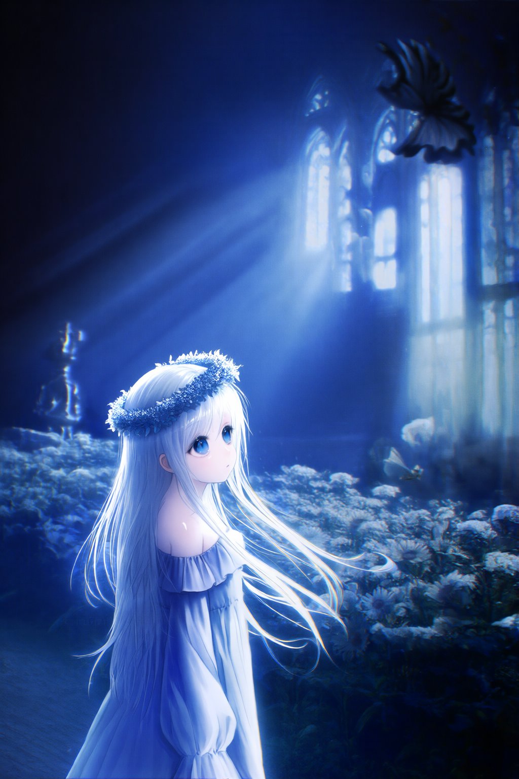 Create a masterpiece in best and high quality,  featuring a loli with long white hair and blue eyes in a night setting wit...