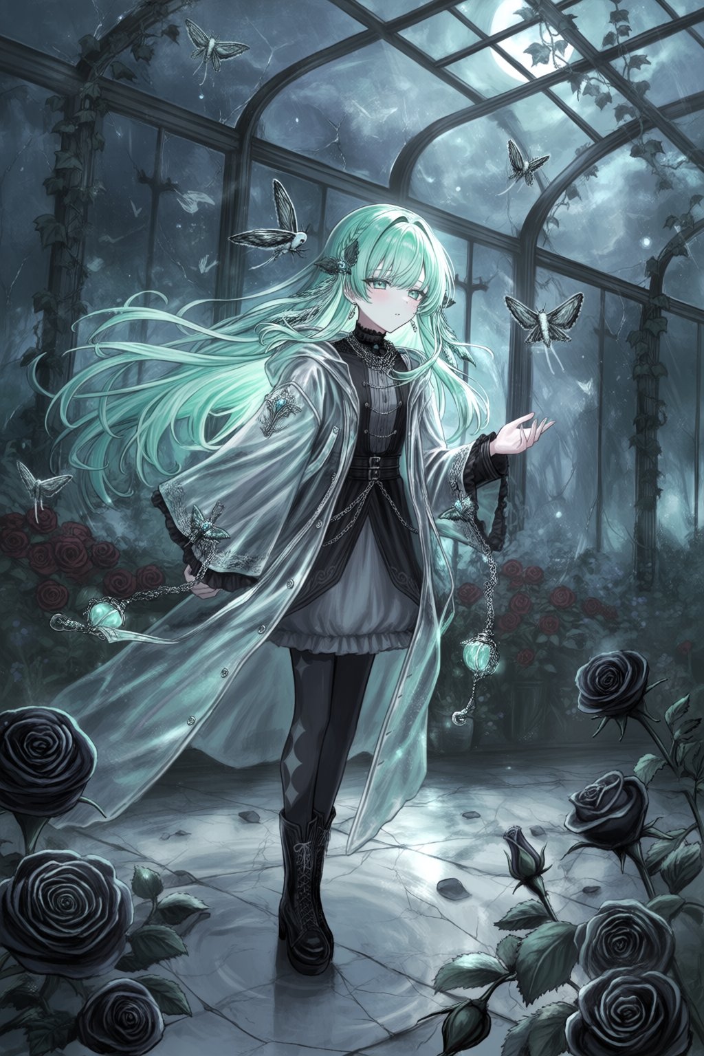 A surreal digital illustration depicts a pale figure standing inside a glass greenhouse at midnight,  surrounded by black...