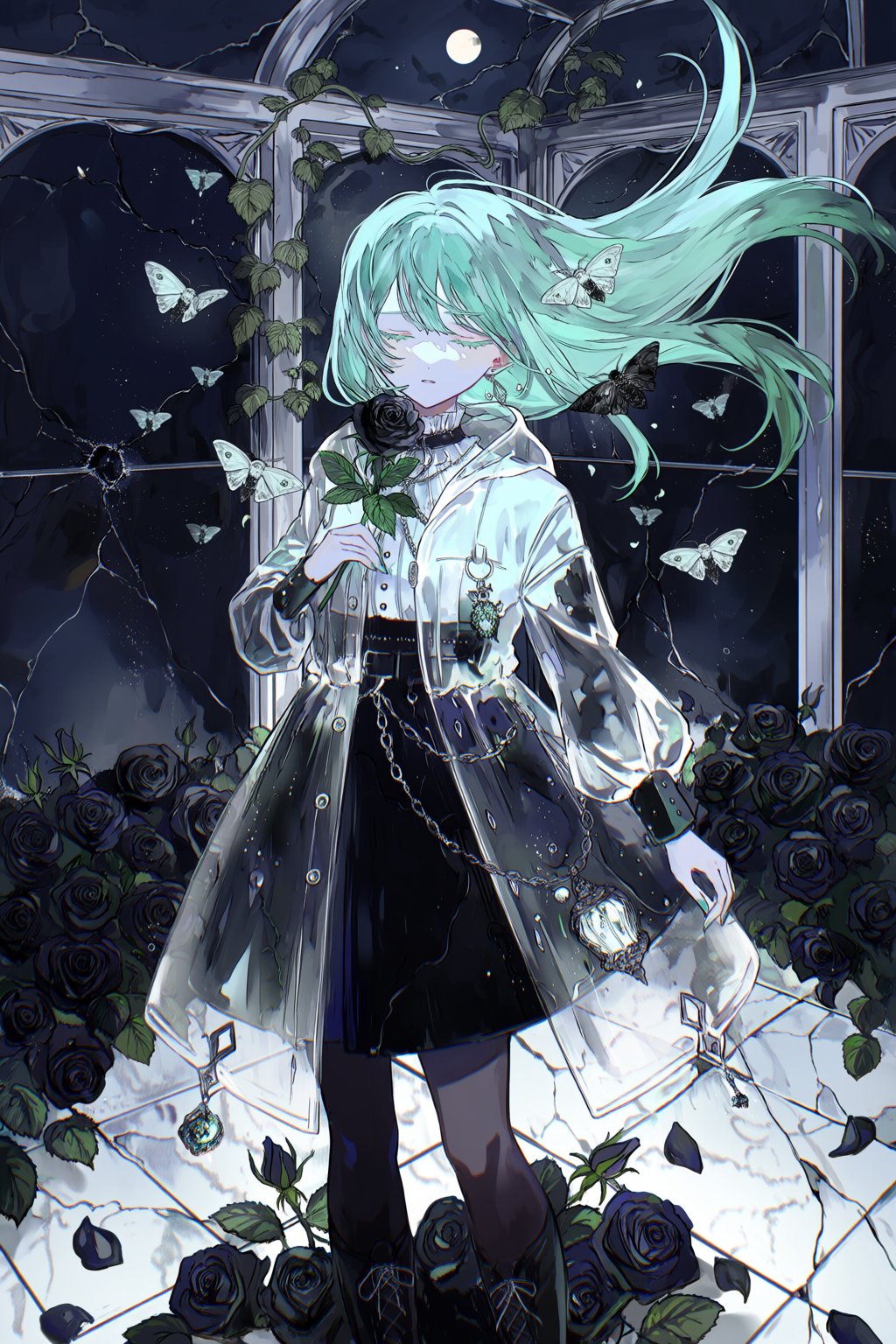 A surreal digital illustration depicts a pale figure standing inside a glass greenhouse at midnight,  surrounded by black...