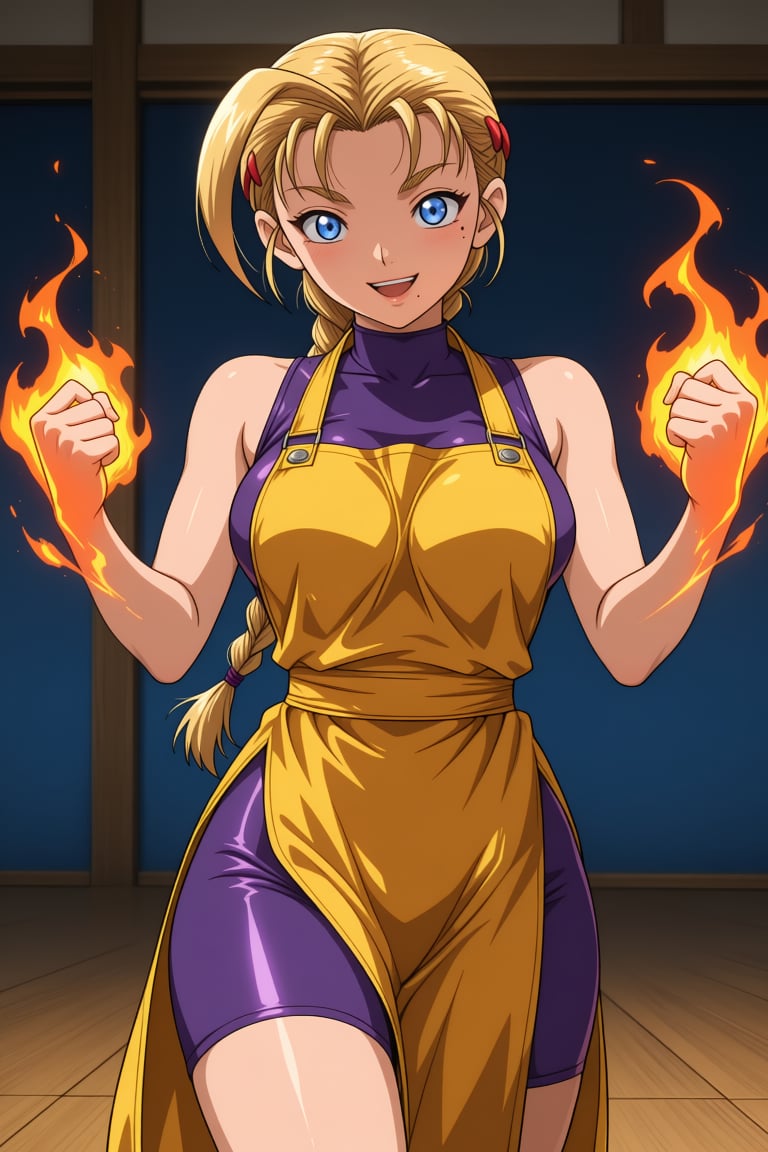 1girl with a single blonde braid and a stray strand of hair. She has deep blue eyes and a small mole under her eye; she ha...