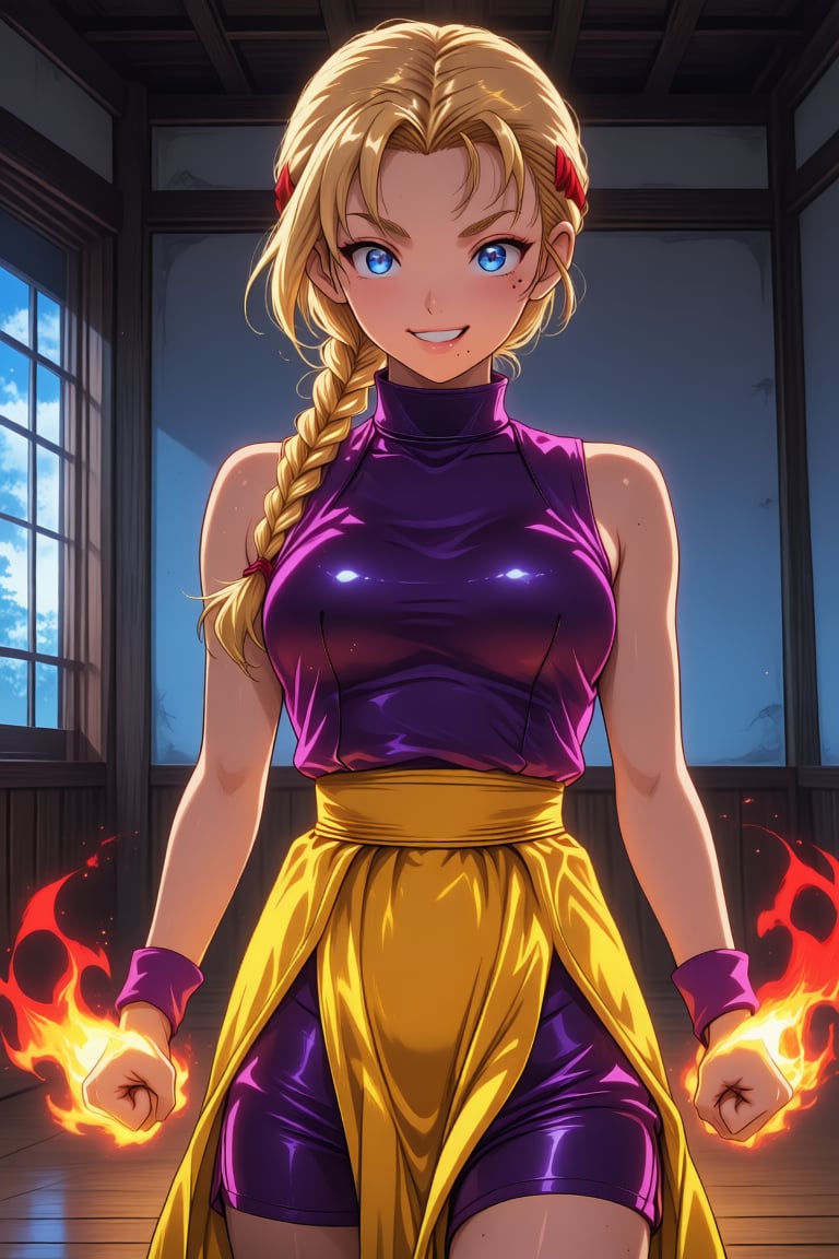 1girl with a single blonde braid and a stray strand of hair. She has deep blue eyes and a small mole under her eye; she ha...