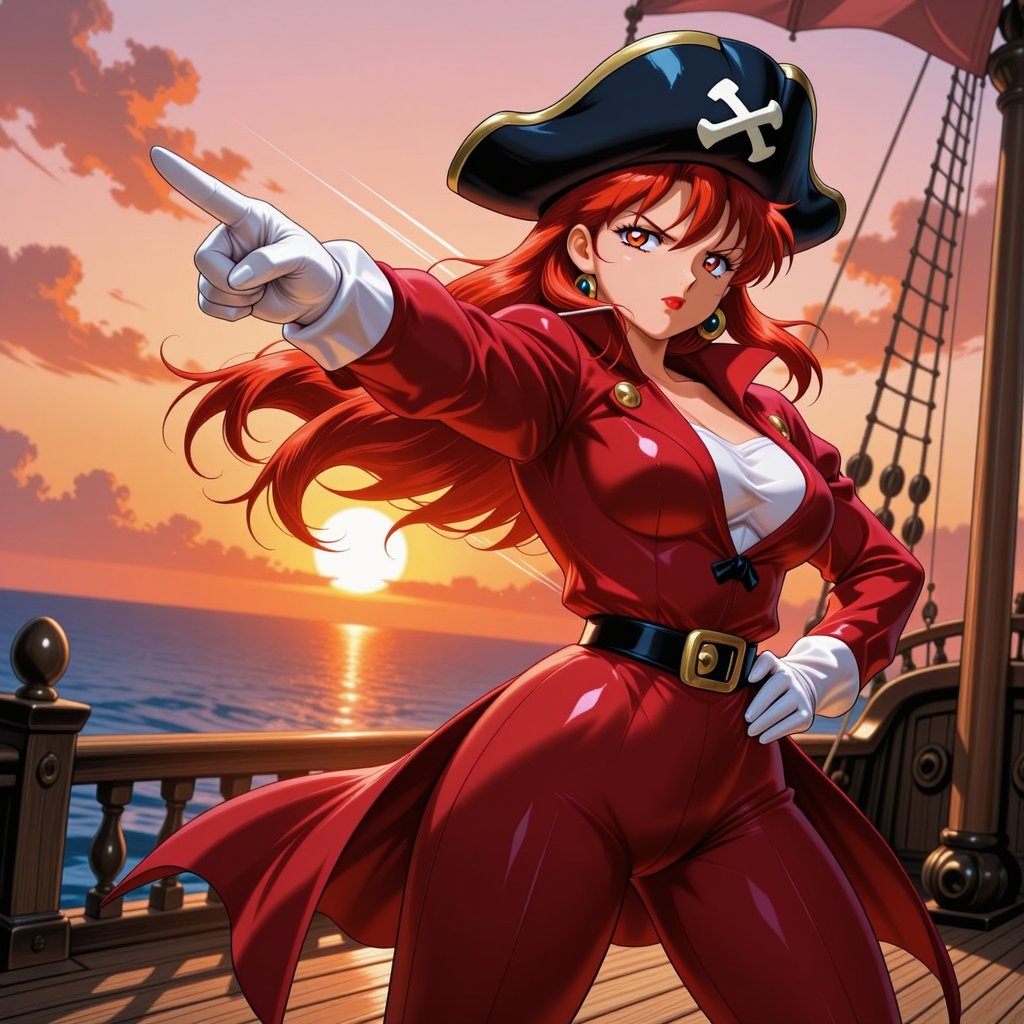 masterpiece,  character: houshou_marine. In a dramatic 90s anime-style illustration,  Houshou Marine stands confidently on...
