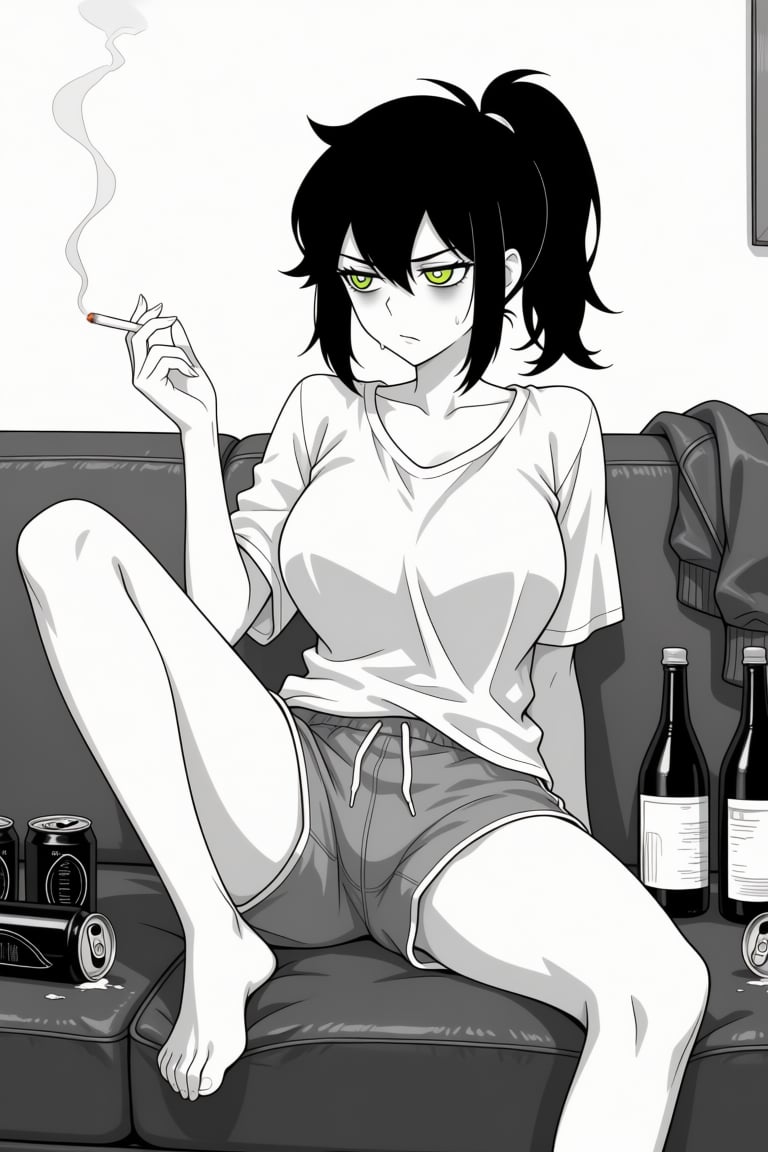 1girl with black hair tied in a ponytail,  with sidelocks and strands falling between her eyes. She has striking green eye...