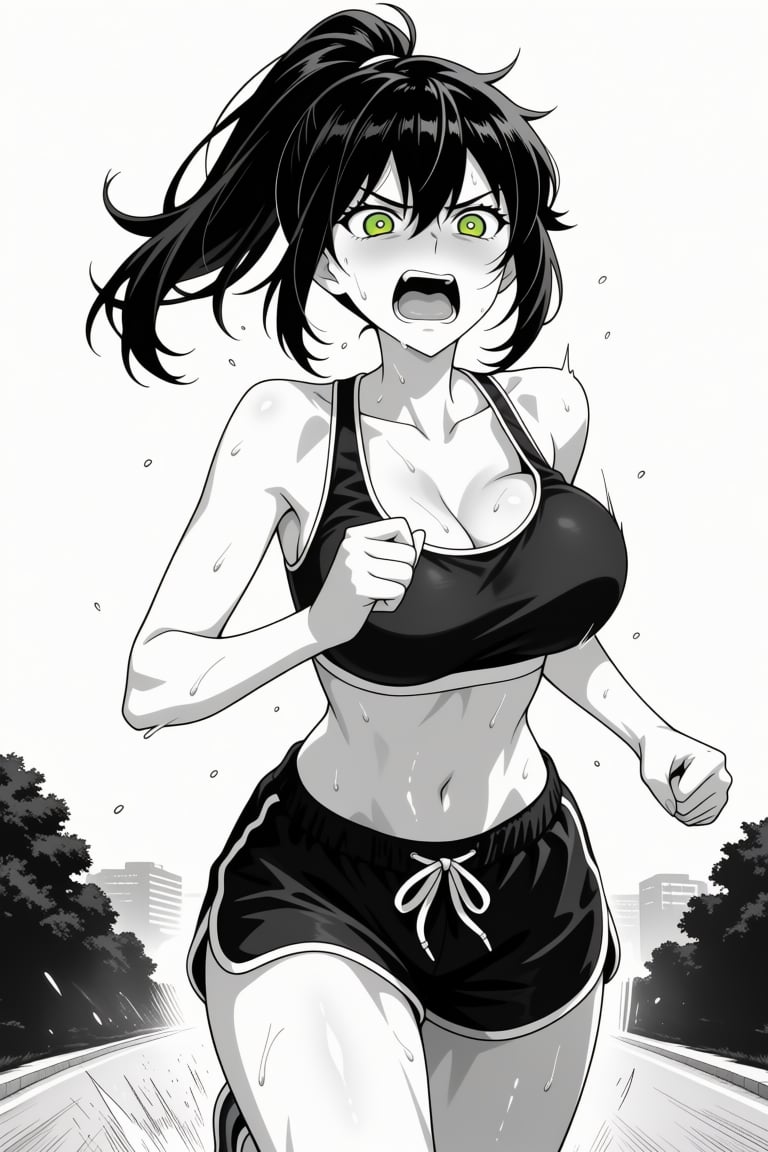 a single girl with black hair tied in a ponytail,  with sidelocks and strands falling between her eyes. She has striking g...