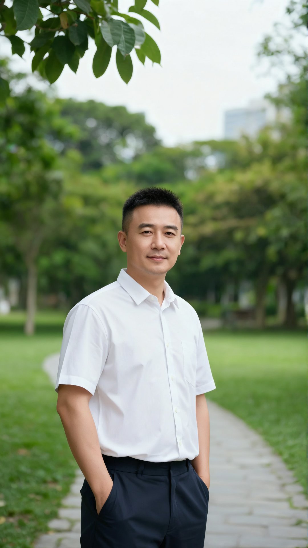 一个中国气质帅哥在公园里,  35岁的,  短发 by 一起旅行 on Tensor.Art