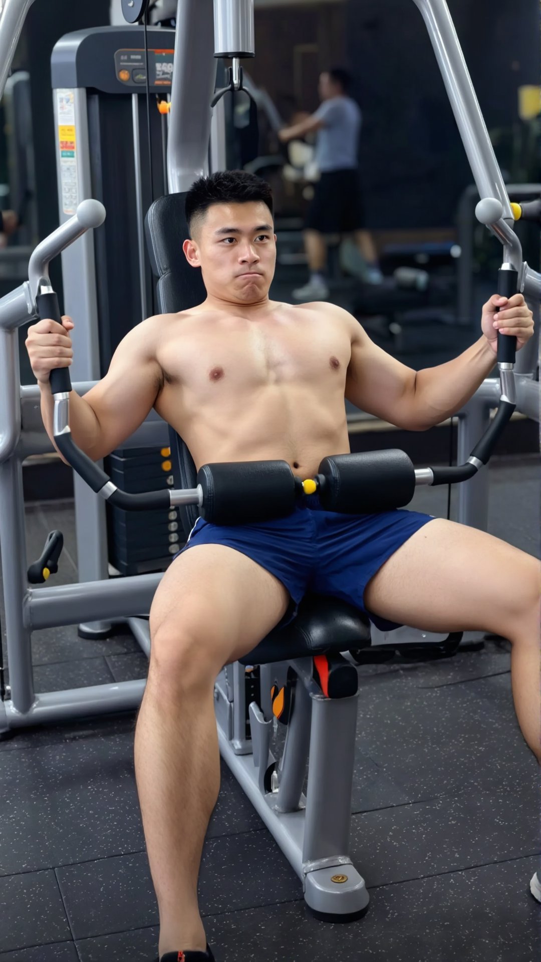 一个中国气质帅哥在健身房里健身,  他坐在蝴蝶机夹胸器材的凳子上训练胸肌,  双手分别握住把手 by 一起旅行 on Tensor.Art