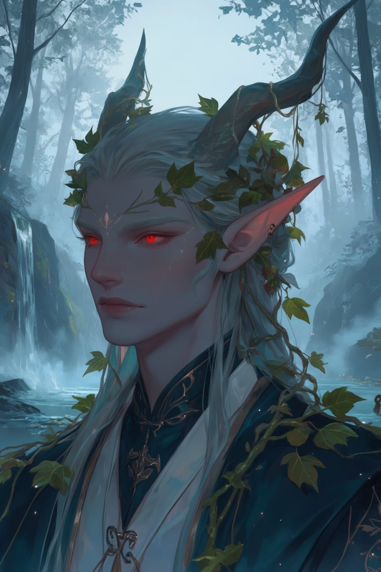 The image depicts a fantasy character with pointed ears,  likely an elf or similar creature,  adorned with leaves and vine...