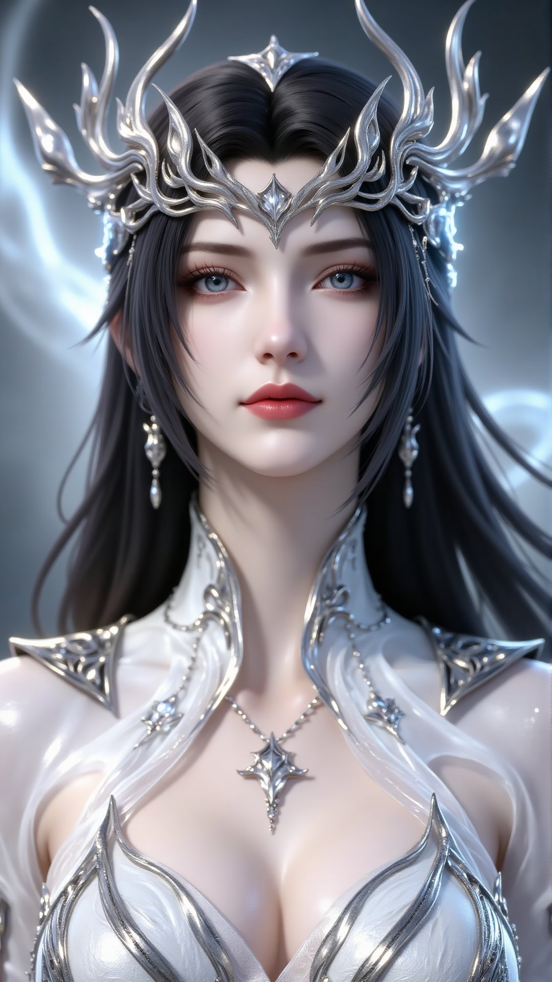 Digital painting of a regal ethereal woman with pale skin and striking blue eyes. She has long flowing black hair adorned...
