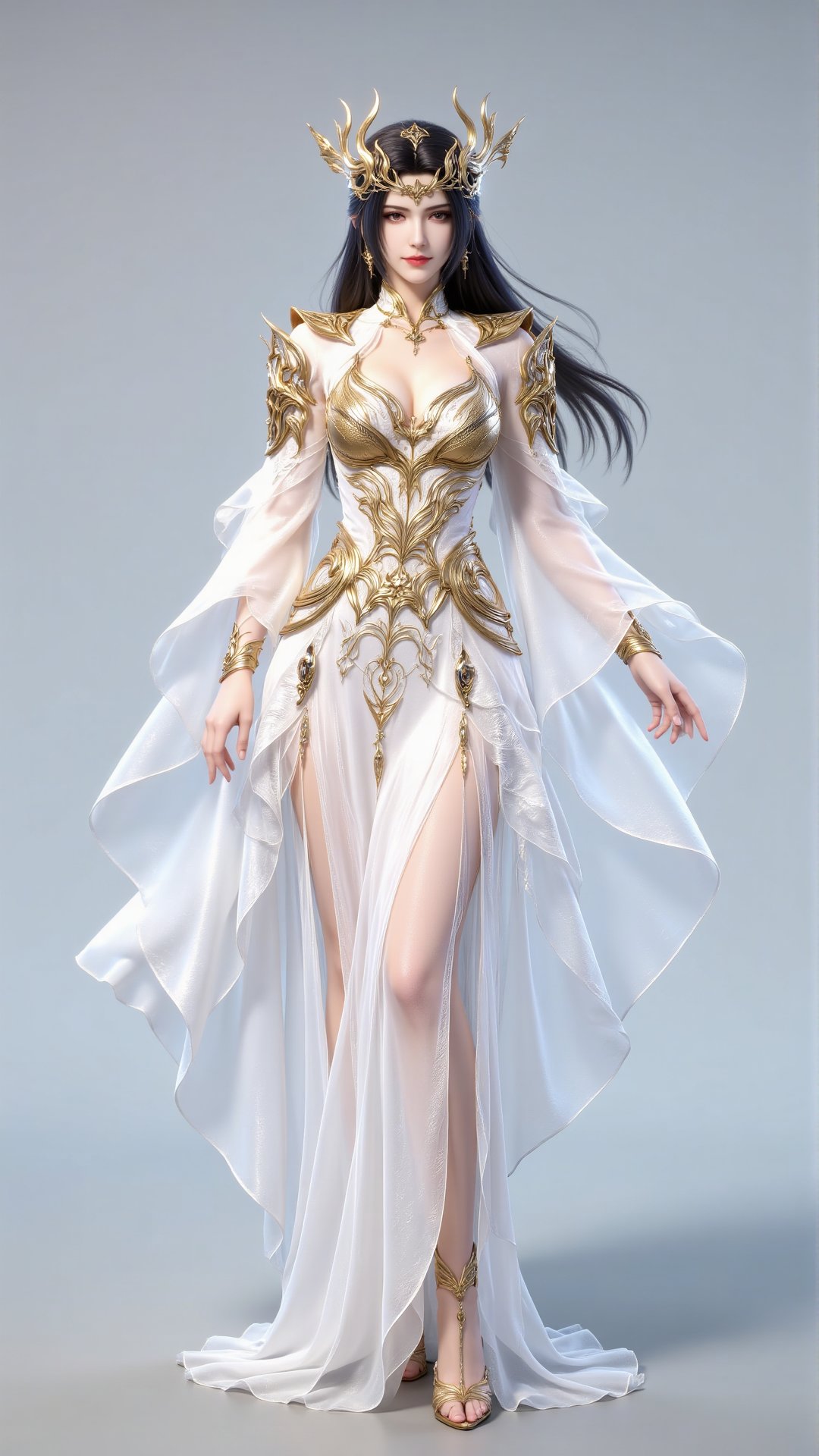 She wears an ornate gold-and-white long dress adorned with delicate wing patterns,  paired with flowing,  sheer tulle slee...