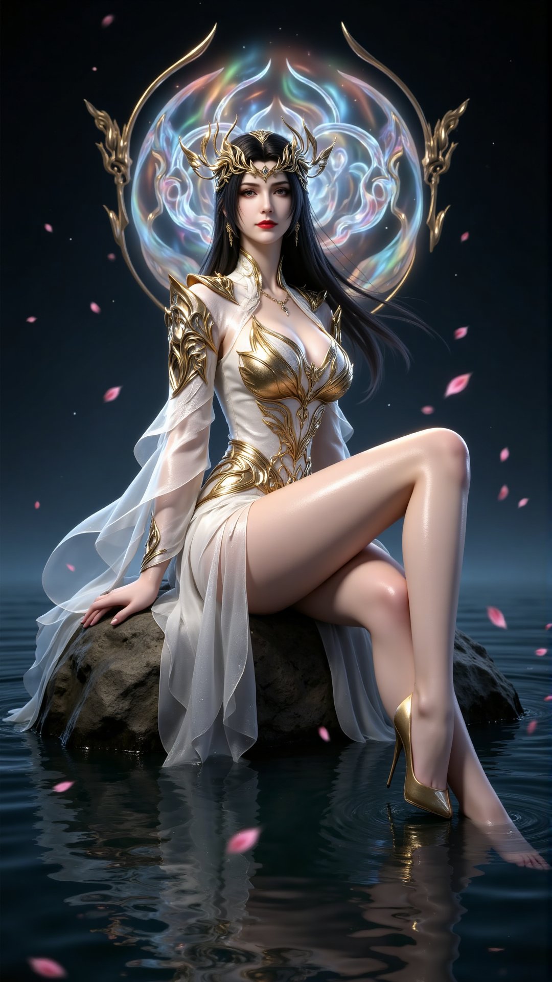 Digital artwork of a regal ethereal woman with long black hair fair skin and striking red lips. She sits on a rock in a se...