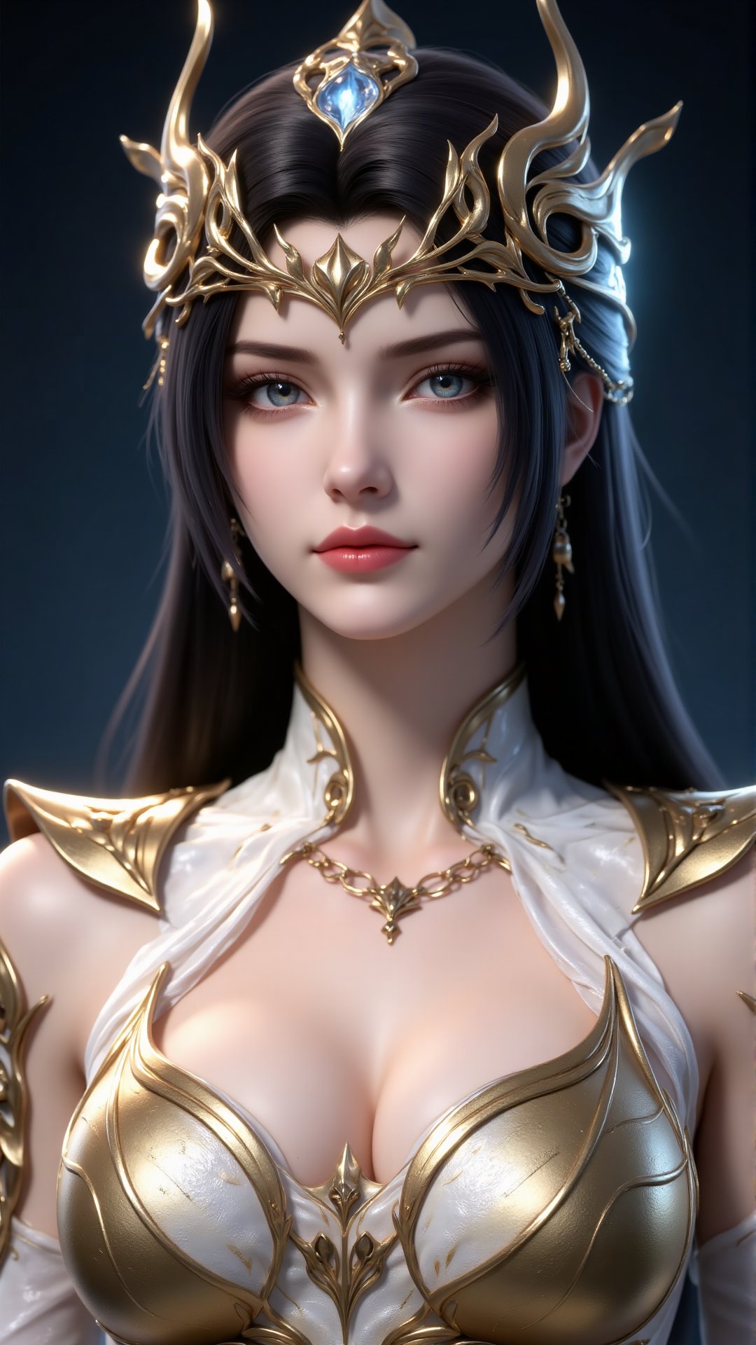 Digital artwork of a beautiful fair-skinned woman with long straight black hair adorned with an elaborate gold crown featu...