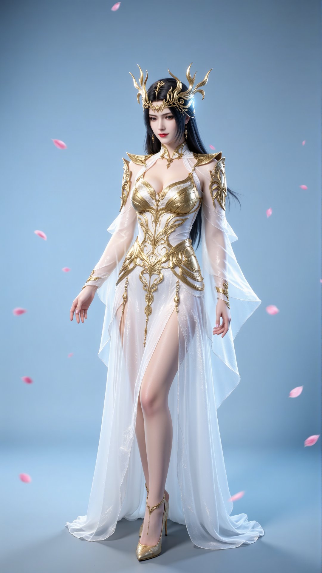 Photograph of a cosplayer dressed as a fantasy queen. She has long straight black hair and wears an elaborate golden headp...
