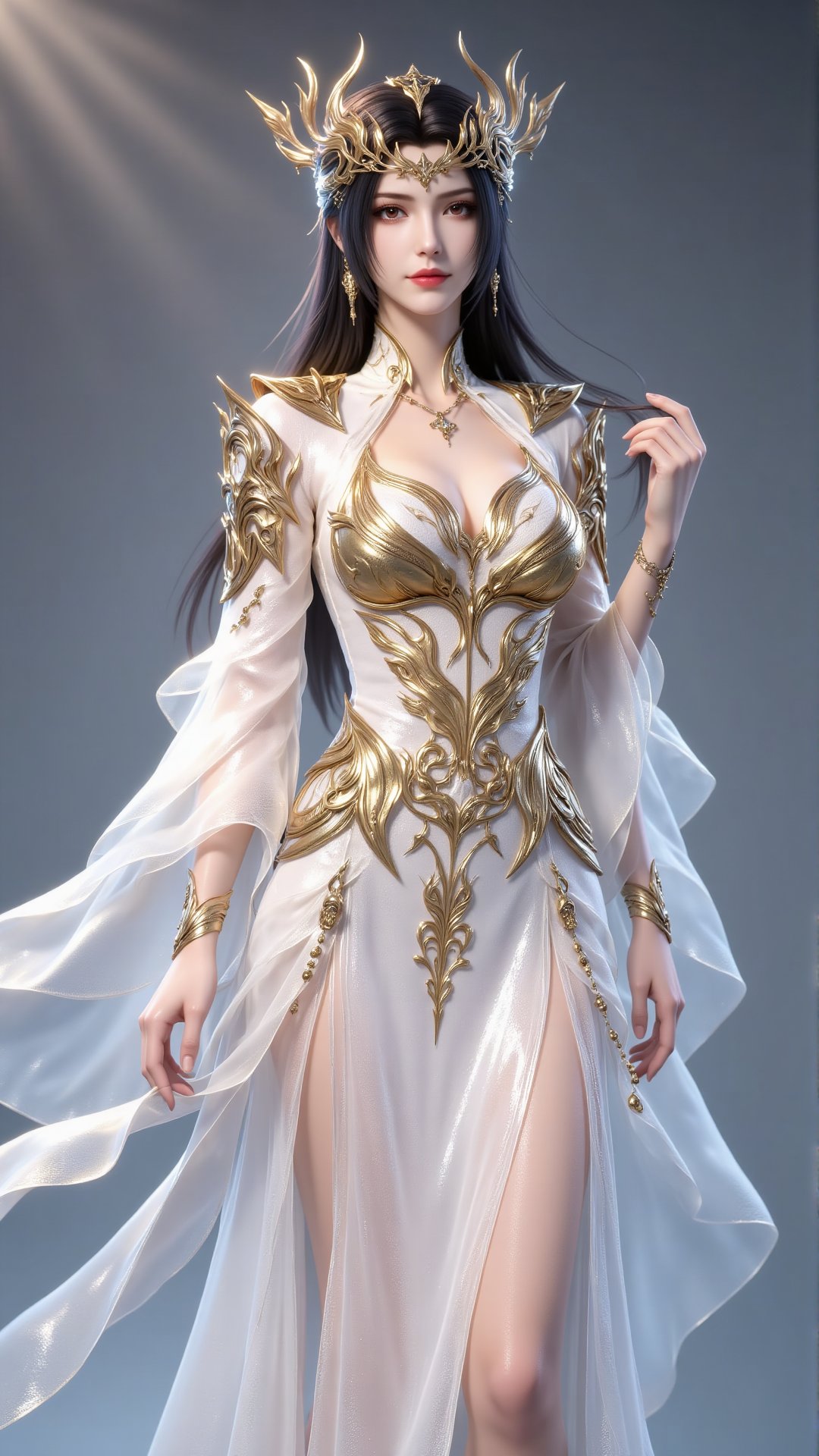 She wears an ornate gold-and-white long dress adorned with delicate wing patterns,  paired with flowing,  sheer tulle slee...