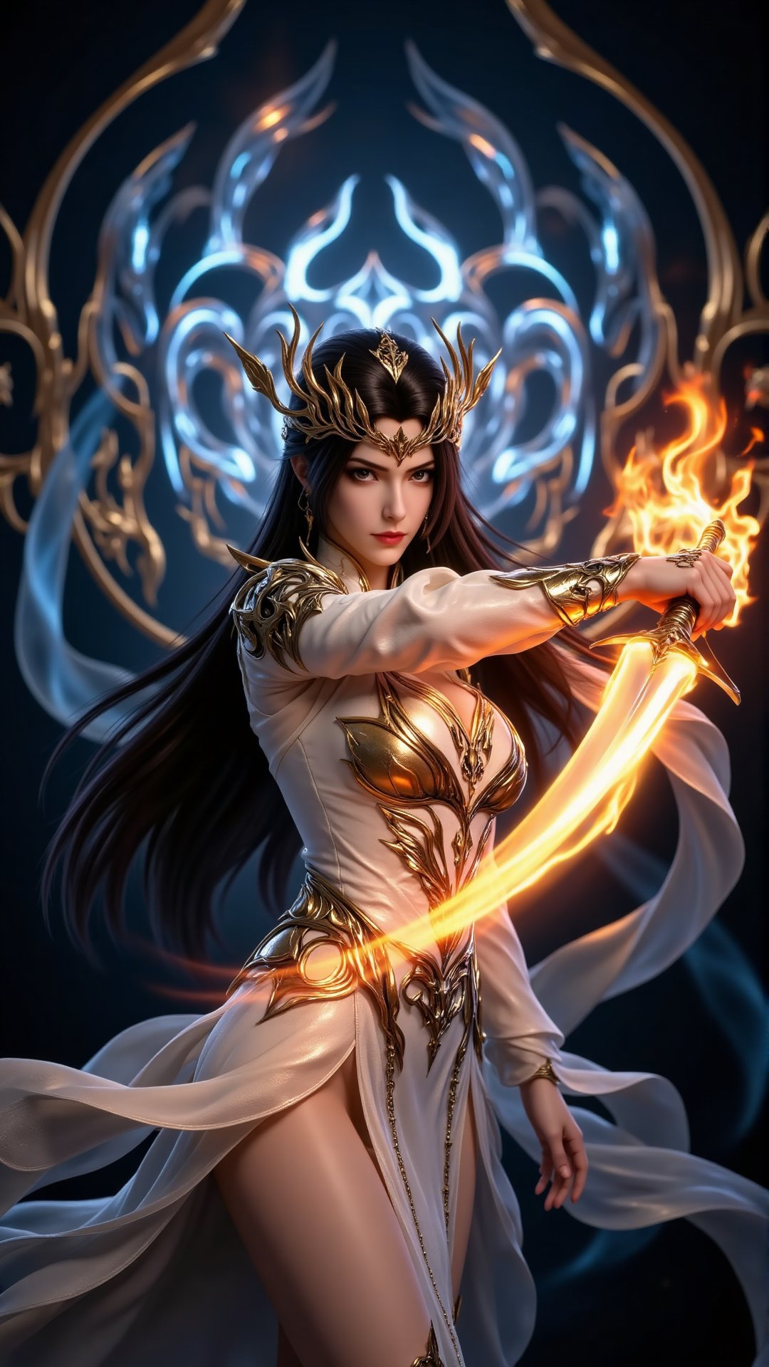 Digital fantasy artwork of a fierce beautiful woman wielding a flaming sword. She has long flowing black hair and wears an...
