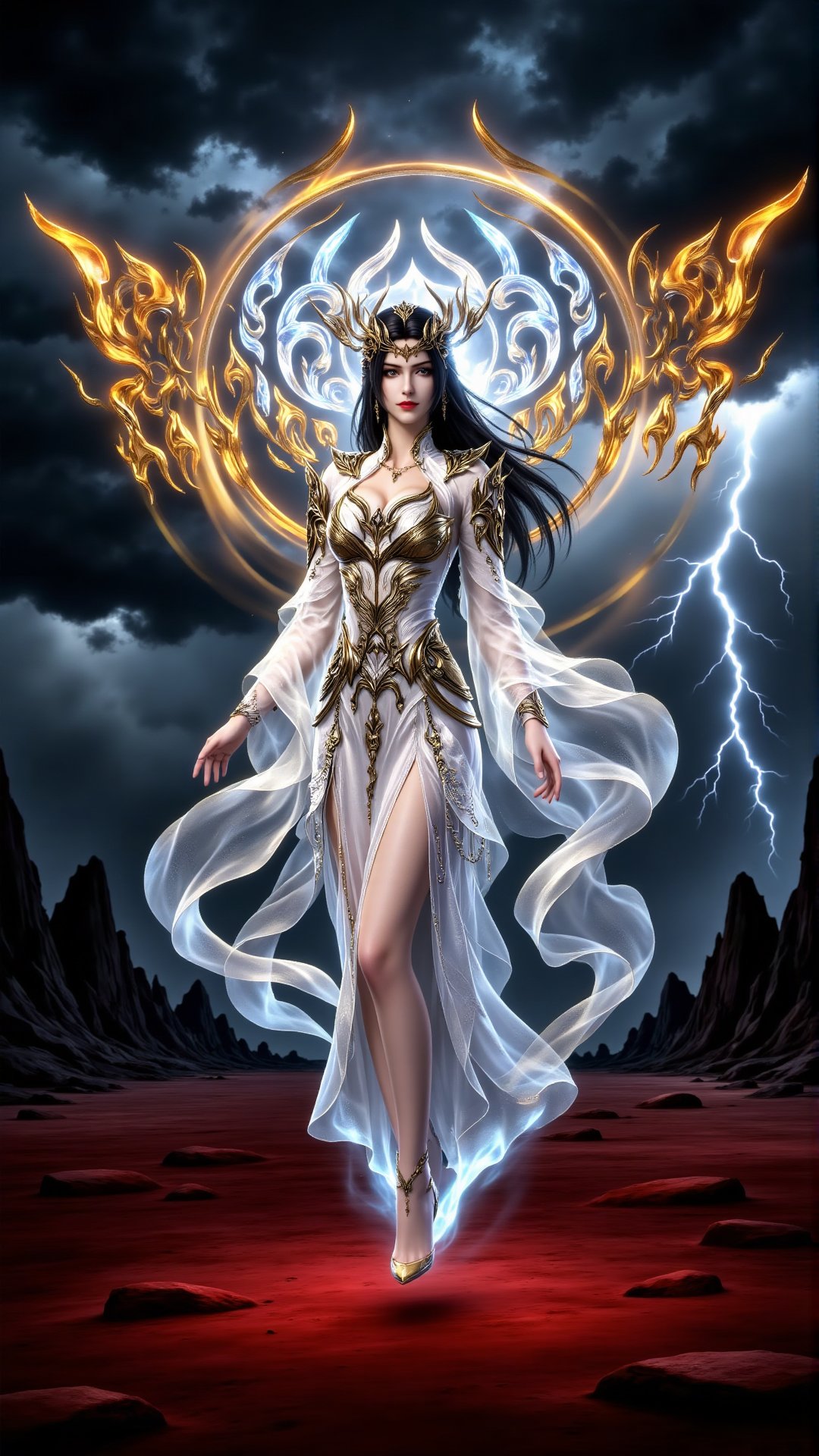 This is a highly detailed digital fantasy artwork depicting a powerful ethereal female figure standing in a dramatic storm...