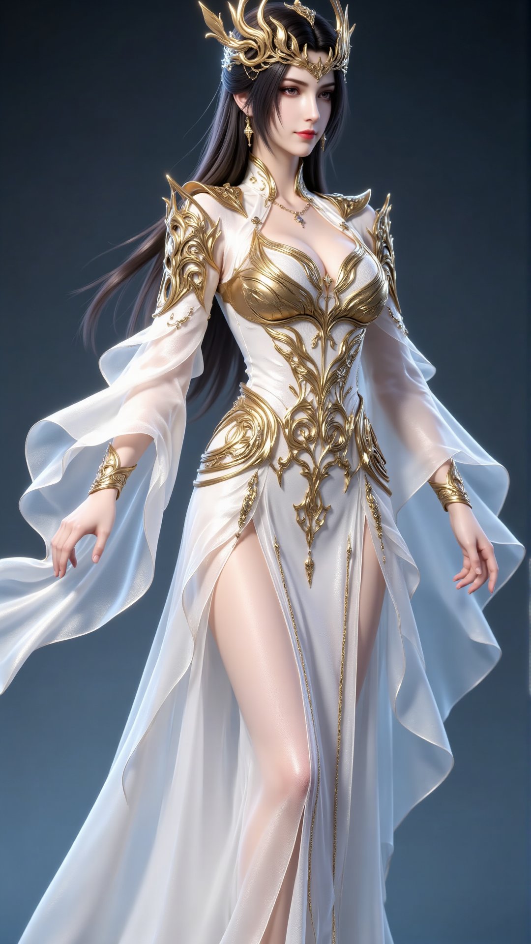 She wears an ornate gold-and-white long dress adorned with delicate wing patterns,  paired with flowing,  sheer tulle slee...