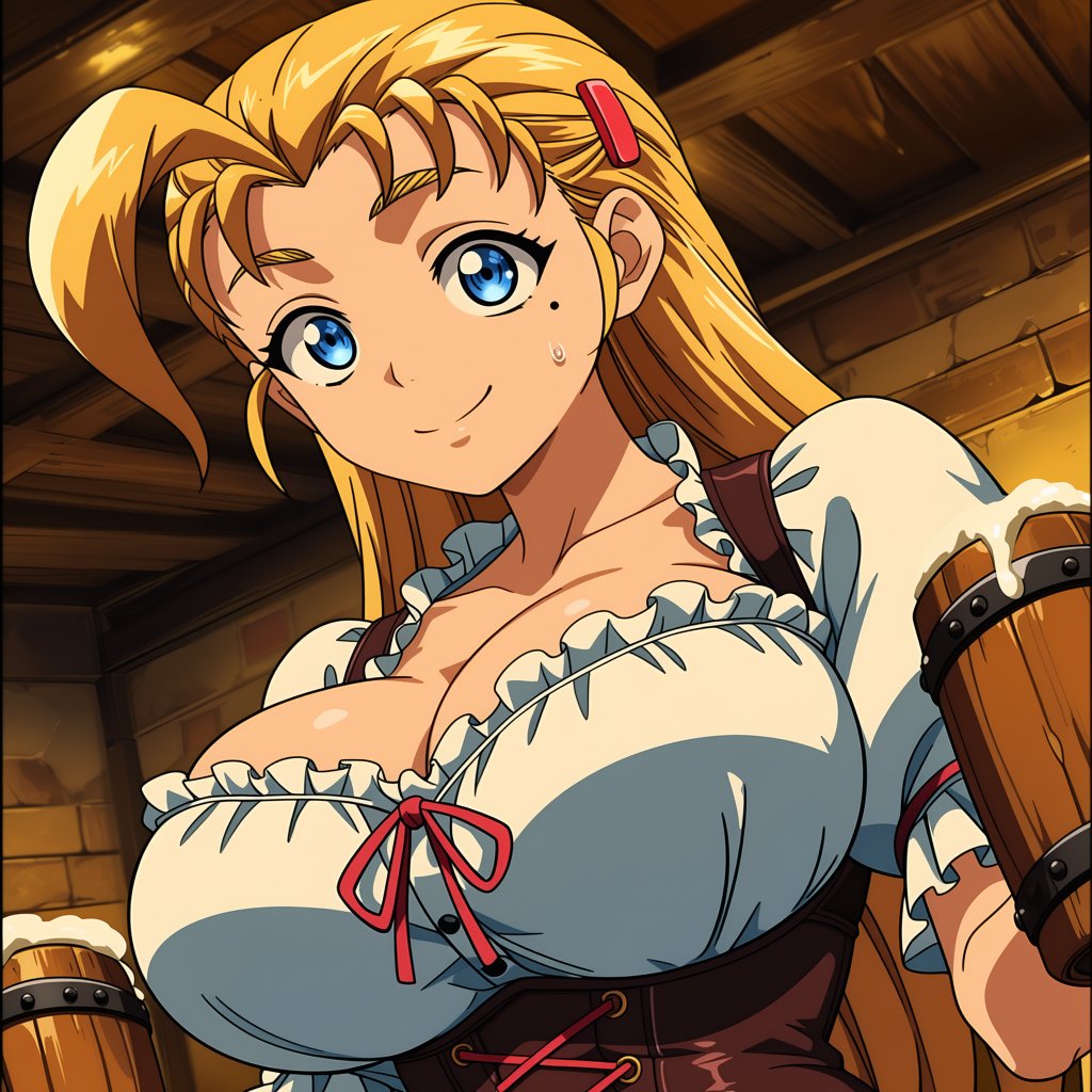 1girl with long slicked‑back blonde hair and an ahoge. She has bright blue eyes and a small mole under her eye. anime scre...