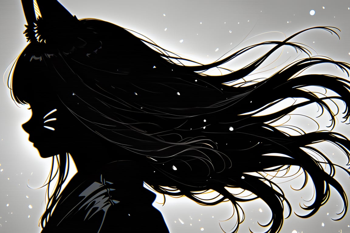 Pencil drawing ,  A grayscale image a silhouette of a girl with flowing hair and animal ear fluff,  looking afar. She has...