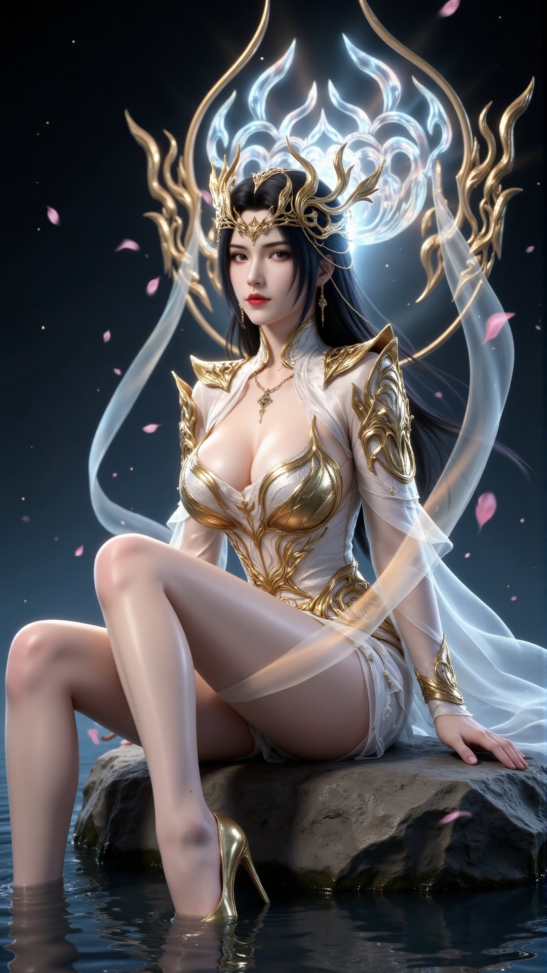 Digital artwork of a regal ethereal woman with long black hair fair skin and striking red lips. She sits on a rock in a se...
