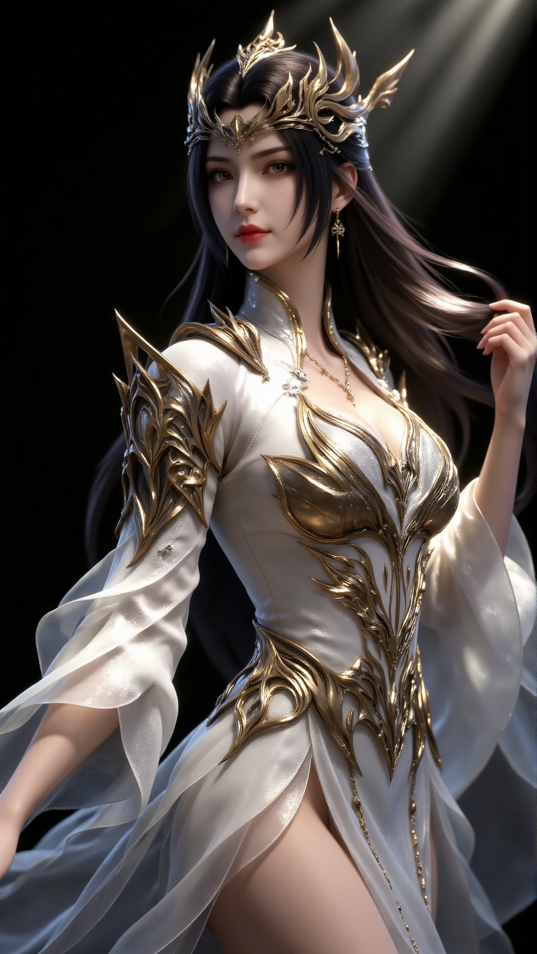 Digital artwork of a beautiful ethereal woman with long flowing black hair and fair skin. She wears an ornate gold and whi...