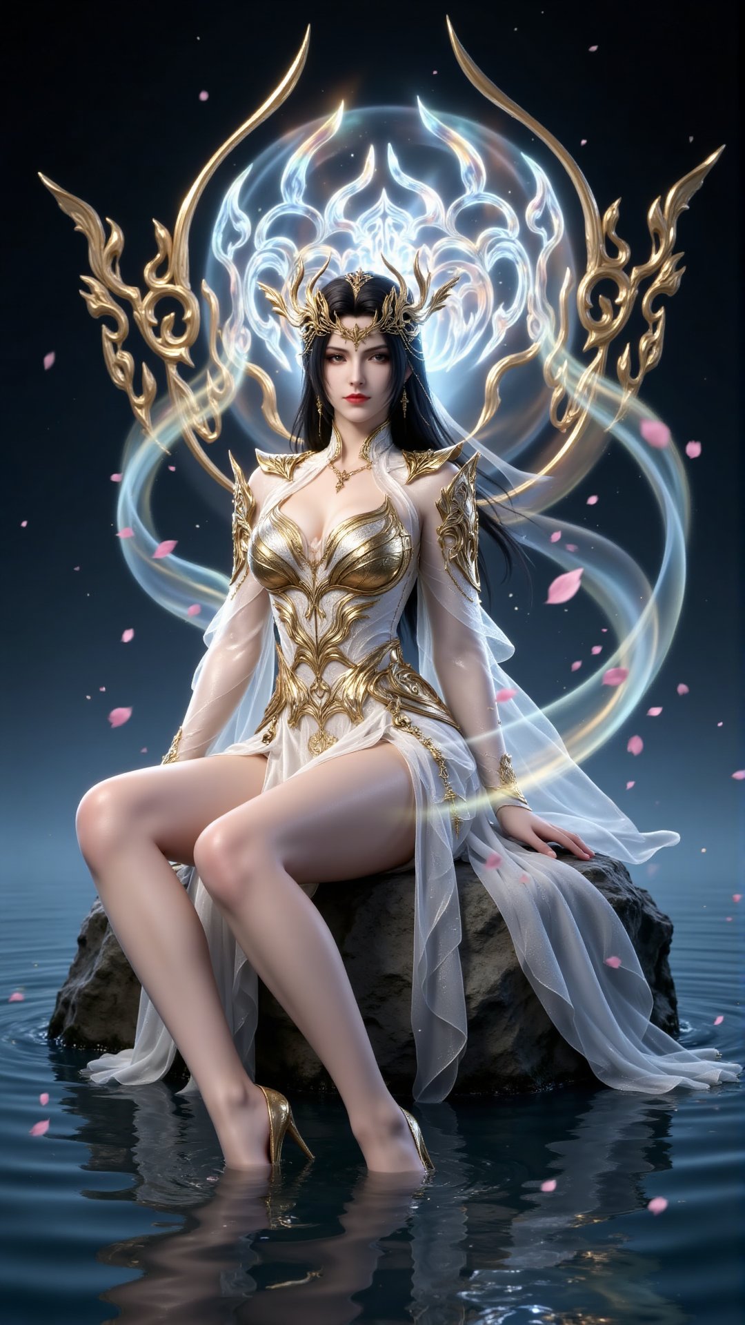 Digital artwork of a regal ethereal woman with long black hair fair skin and striking red lips. She sits on a rock in a se...
