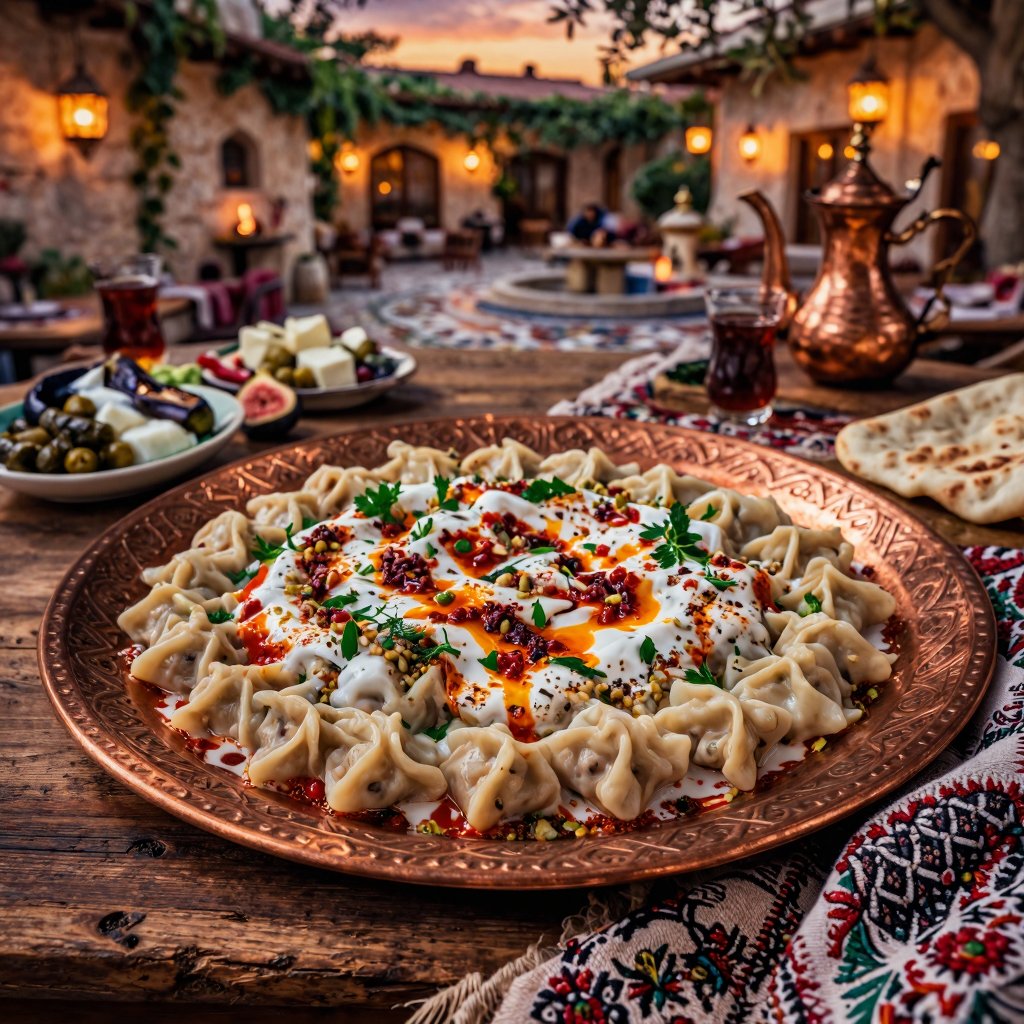 Eye-level horizontal composition,  ultra-realistic cinematic food photography of traditional Turkish Mantı served in a lux...