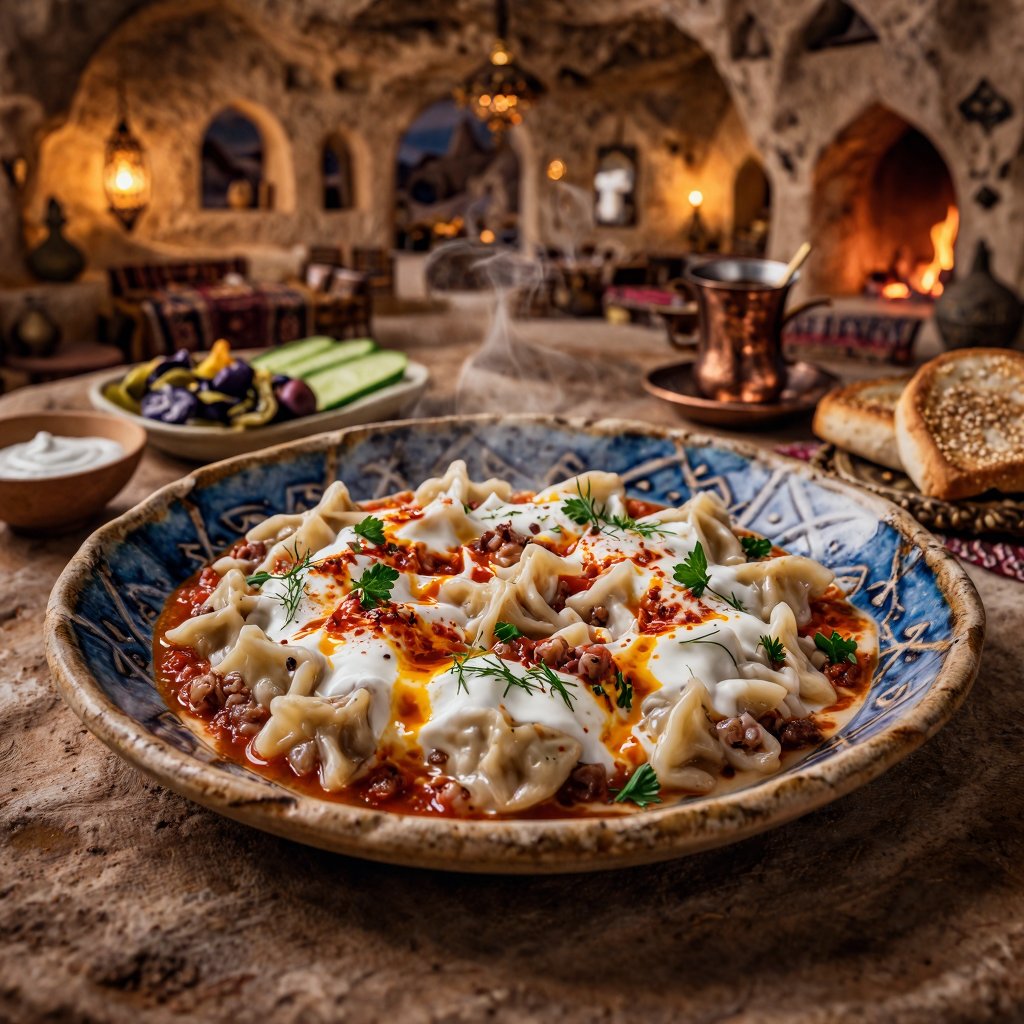 Eye-level horizontal composition,  ultra-realistic cinematic food photography of authentic Turkish Mantı served inside a l...