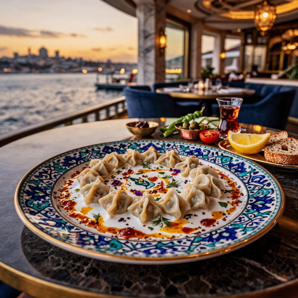Eye-level horizontal composition,  ultra-realistic cinematic food photography of authentic Turkish Mantı served in an eleg...